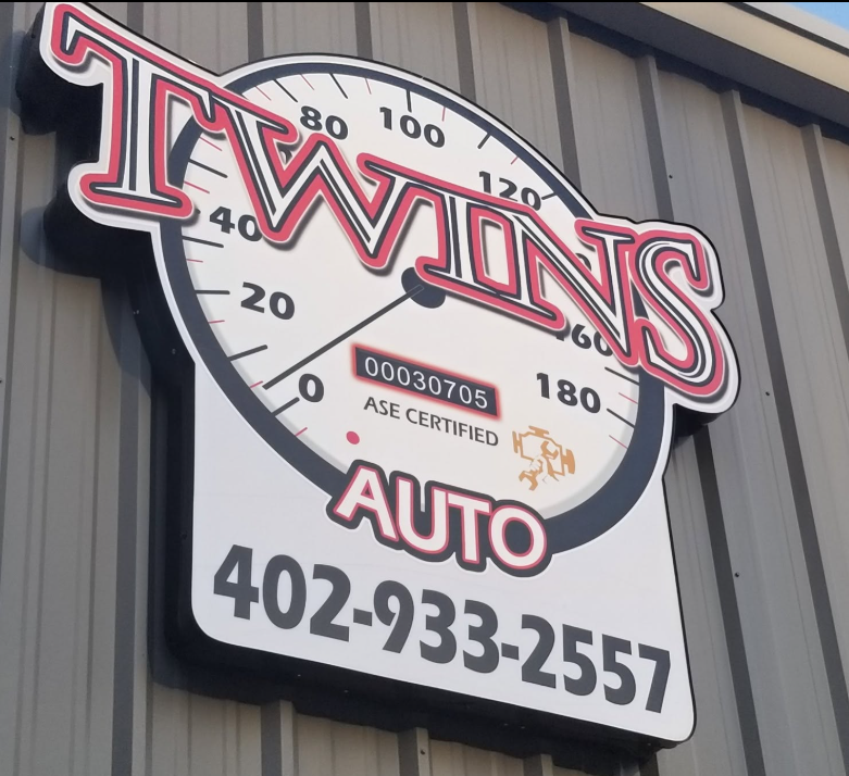 Twins Auto Repair building sign in Omaha